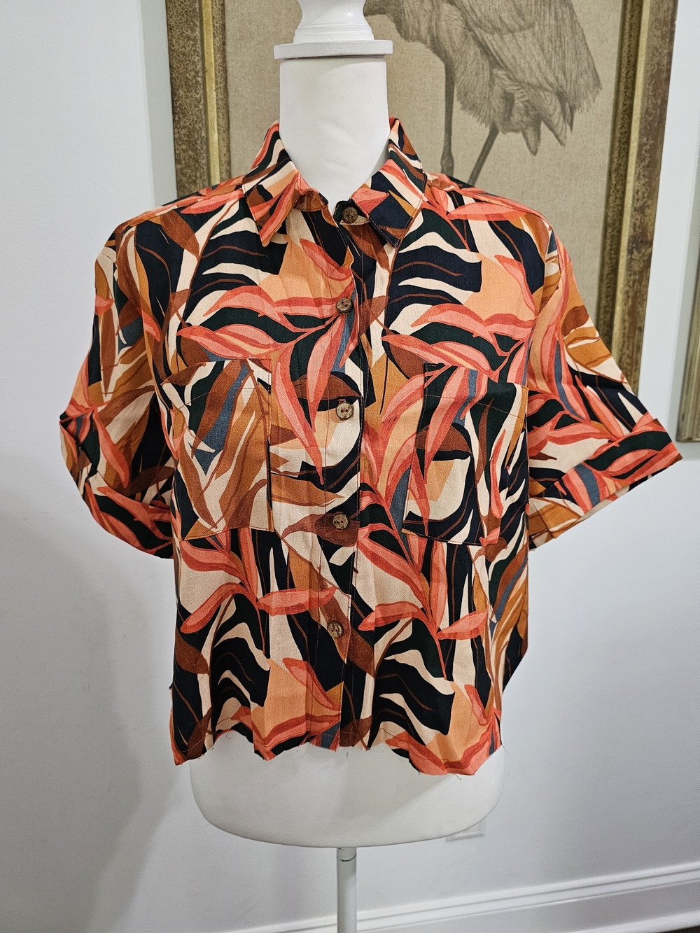 Resort Button Down Top Frayed Hem Boxy Shirt Size M - Picture 2 of 15
